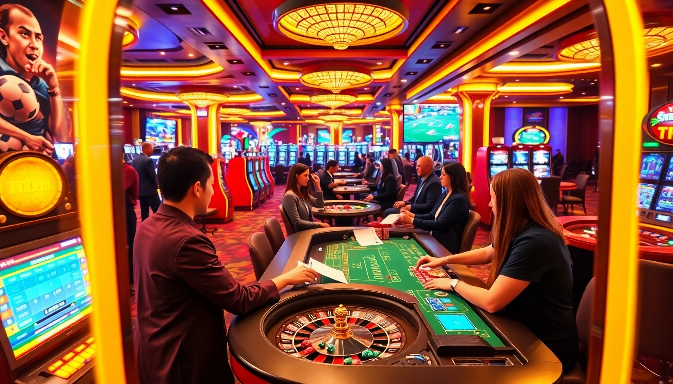 Experience the excitement of tr88 bet with players at a vibrant casino, engaging with slot machines and live betting terminals.