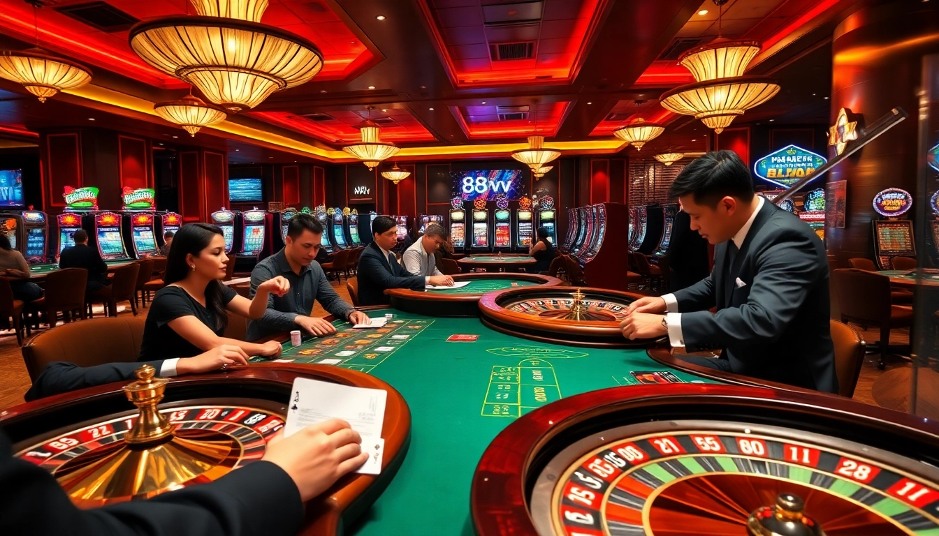 Exciting casino scene showcasing dynamic gambling action at 88vv, with poker tables and roulette.