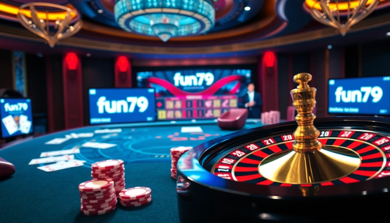 Experience the thrill of gambling with fun79 app, showcasing poker chips and roulette in an upscale casino.