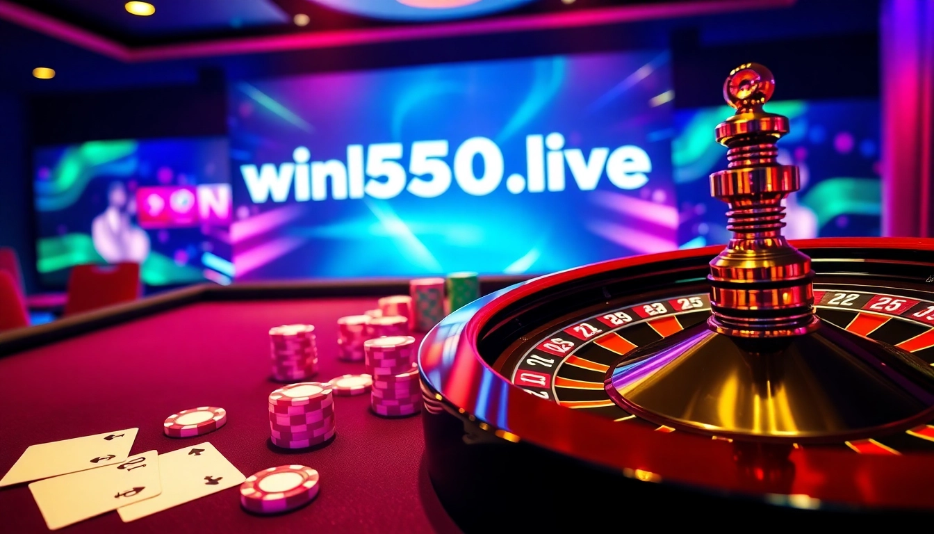Exciting gambling scene at win55win.live featuring vibrant casino tables and poker elements.
