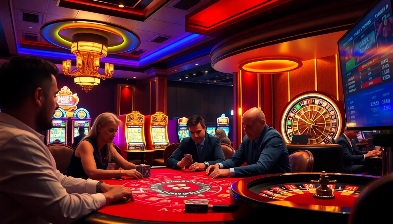 Engage in thrilling casino games at mb66.nyc, highlighting an elegant poker table and vibrant slot machines.