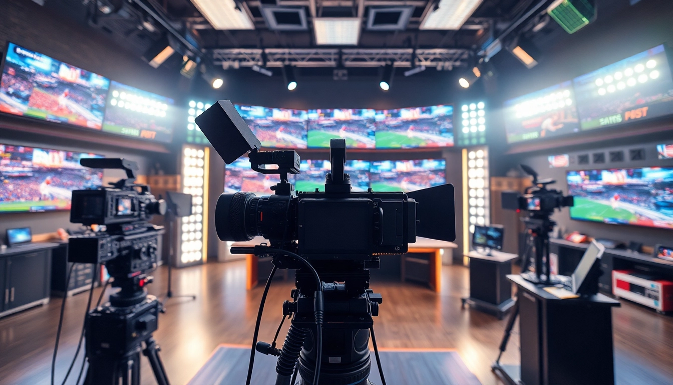 Engaging scene in sports broadcasting showcasing modern technology, vibrant atmosphere, and live sports.